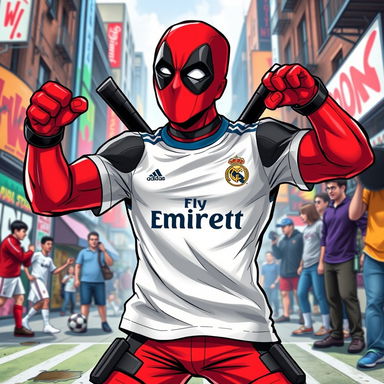 A dynamic and humorous illustration of Deadpool wearing a Real Madrid soccer jersey, striking a playful pose