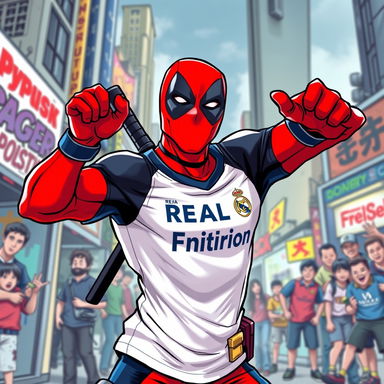A dynamic and humorous illustration of Deadpool wearing a Real Madrid soccer jersey, striking a playful pose