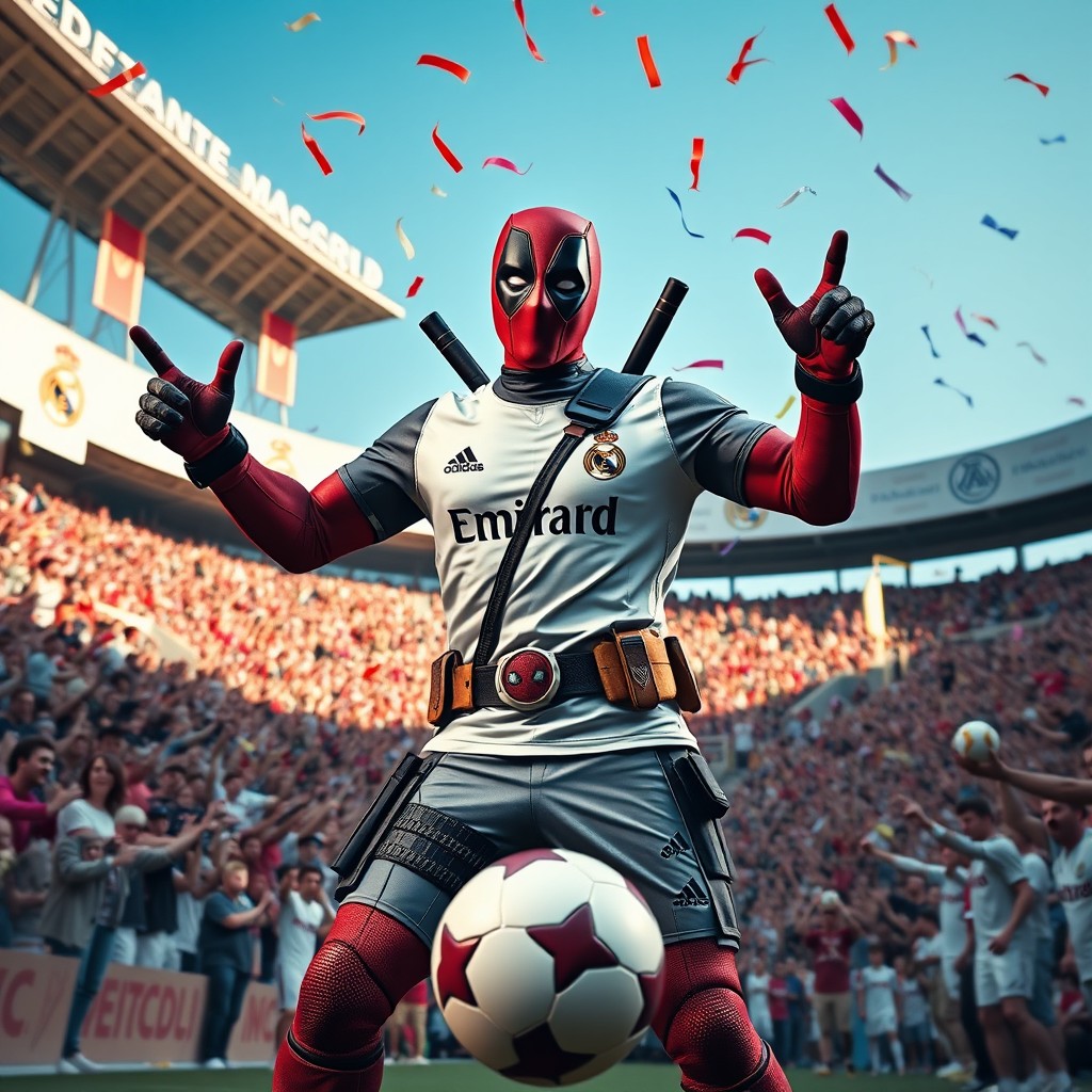 Deadpool in a dynamic pose wearing a Real Madrid soccer jersey, surrounded by vibrant fans in a stadium, showcasing thrill and excitement