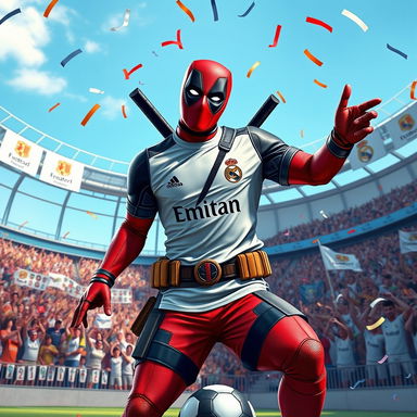 Deadpool in a dynamic pose wearing a Real Madrid soccer jersey, surrounded by vibrant fans in a stadium, showcasing thrill and excitement