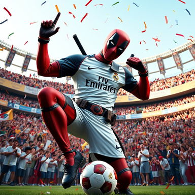 Deadpool in a dynamic pose wearing a Real Madrid soccer jersey, surrounded by vibrant fans in a stadium, showcasing thrill and excitement