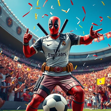 Deadpool in a dynamic pose wearing a Real Madrid soccer jersey, surrounded by vibrant fans in a stadium, showcasing thrill and excitement