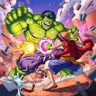 An epic crossover battle scene featuring characters from One Piece clashing with the Hulk