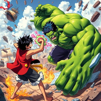 An epic crossover battle scene featuring characters from One Piece clashing with the Hulk