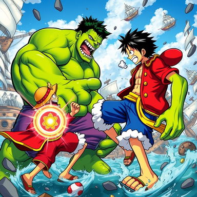 An epic crossover battle scene featuring characters from One Piece clashing with the Hulk