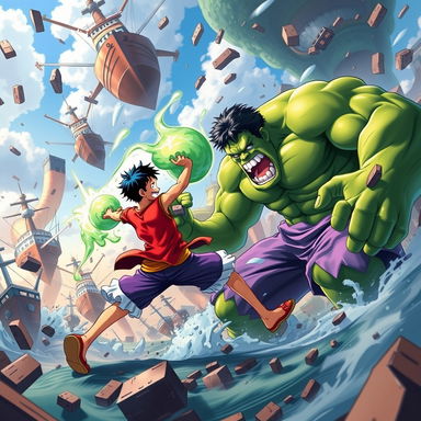 An epic crossover battle scene featuring characters from One Piece clashing with the Hulk