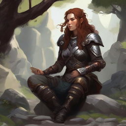 splinters and rocks float all around a female dwarven kineticist that meditates amid nature while wearing her heavy armor