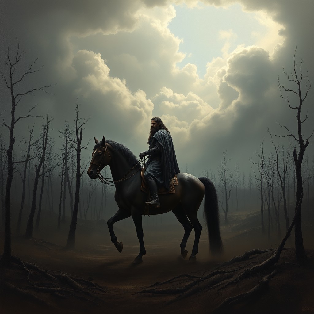 A distant baroque-style oil painting depicting Sauron from Lord of the Rings riding a majestic Friesian horse through a burned forest