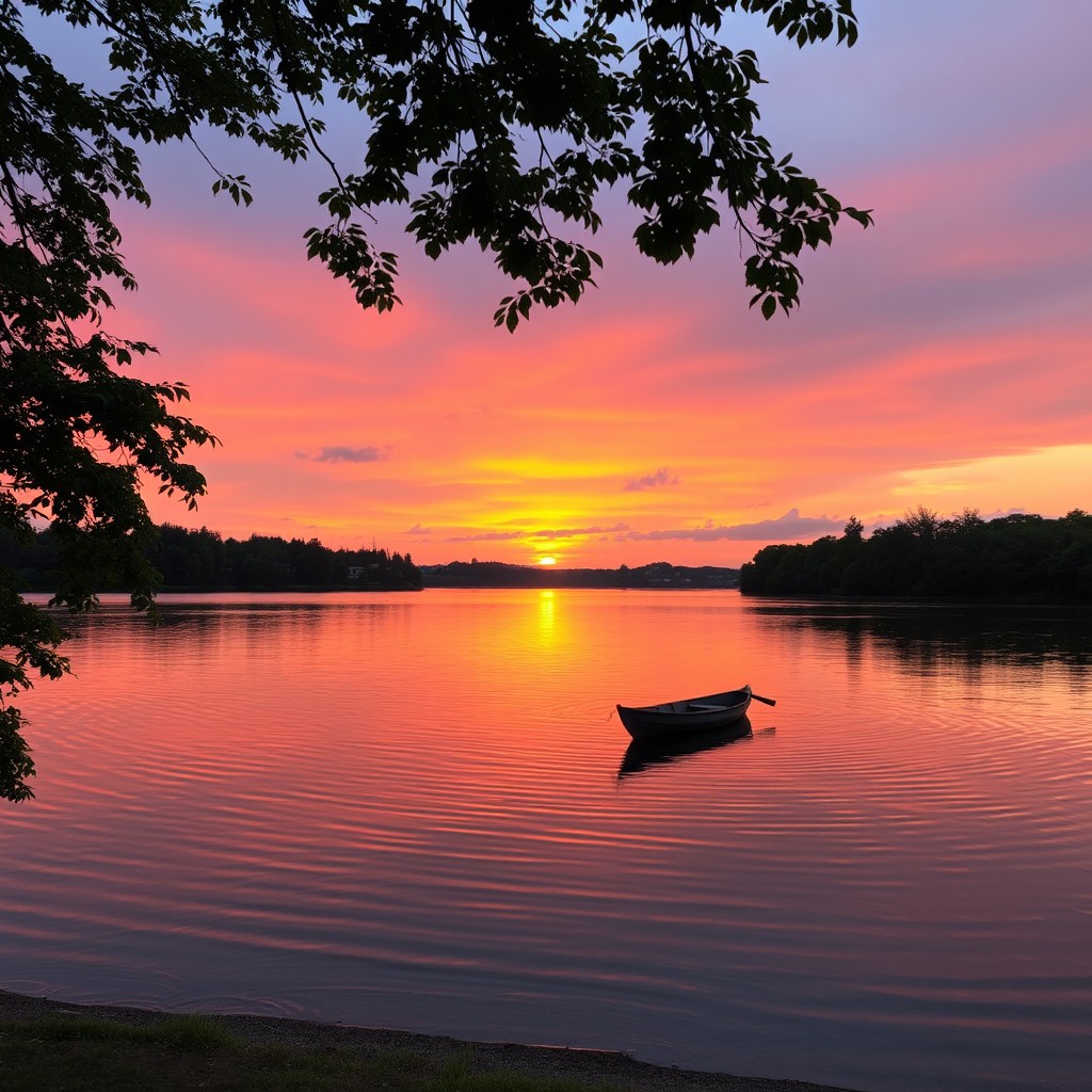A serene landscape featuring a beautiful sunset over a tranquil lake, with vibrant orange and pink hues reflecting on the water's surface