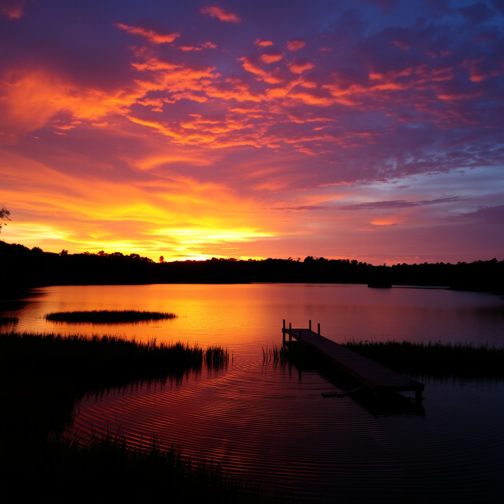 A picturesque sunset landscape featuring a tranquil lake surrounded by lush greenery and silhouetted trees