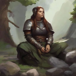 splinters and rocks float all around a female dwarven kineticist that meditates amid nature while wearing her heavy armor