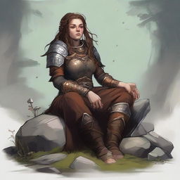 splinters and rocks float all around a female dwarven kineticist that meditates amid nature while wearing her heavy armor