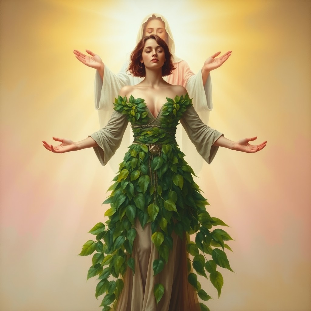 A mystical, medieval-style oil painting featuring a woman with a slender waist, wearing a tight, flowing robe made entirely of vibrant green leaves from head to toe