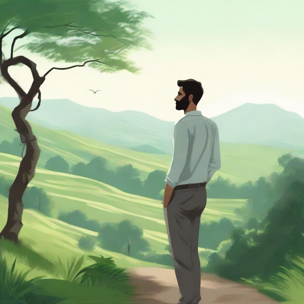 A realistic illustration of a man standing in a serene natural background, with features such as lush greenery, hills, and a clear sky.