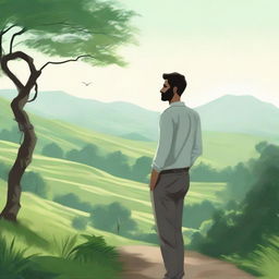 A realistic illustration of a man standing in a serene natural background, with features such as lush greenery, hills, and a clear sky.