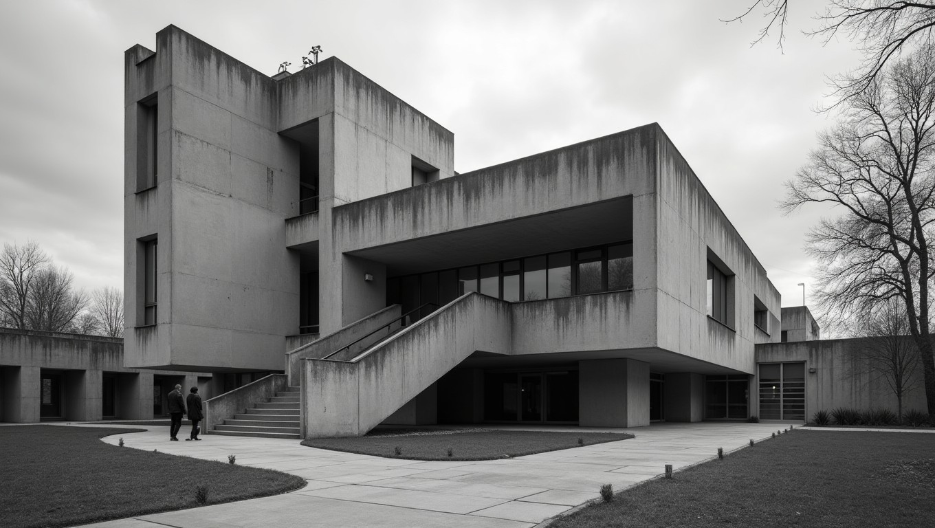 A Brutalist municipal library in the style of Paul Rudolph, characterized by raw béton brut concrete and monolithic geometric forms