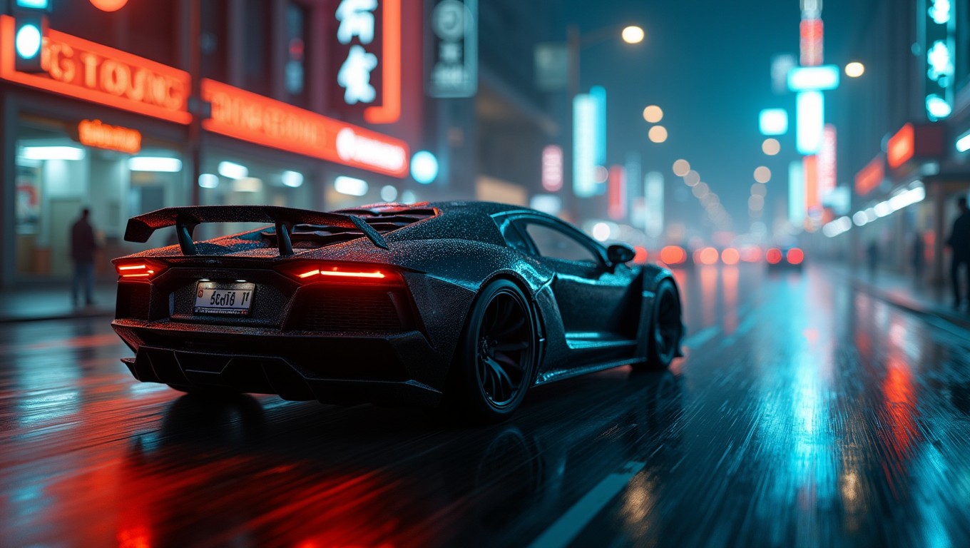 A sleek matte black sports car speeding through rain-slicked neon-lit city streets at night, captured in a dramatic low angle shot