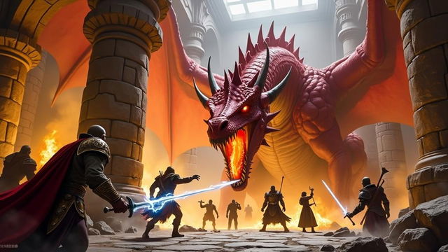 An epic fantasy battle scene unfolding in an ancient dwarven throne room, where a party of adventurers confronts a massive red dragon