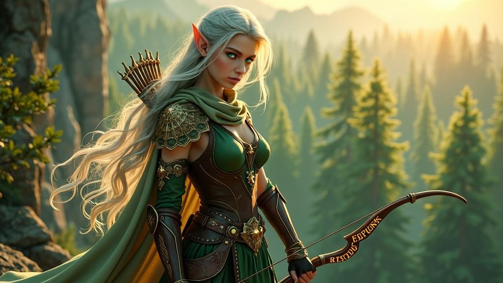 A beautiful female elven ranger with flowing silver hair and piercing emerald eyes, wearing ornate leather armor embellished with intricate gold filigree