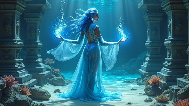 A beautiful genasi sorceress with stunning blue crystalline skin, gracefully controlling water elementals in an enchanting underwater scene
