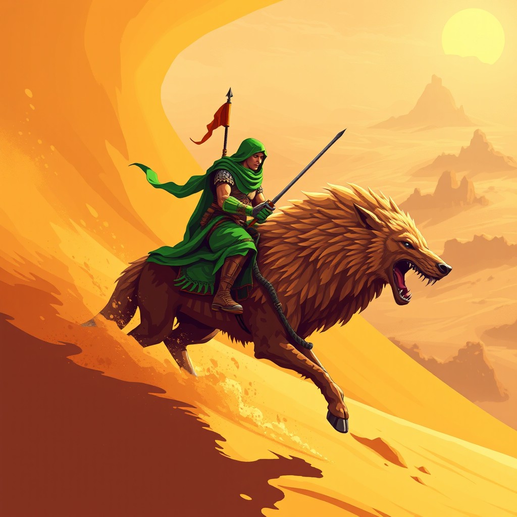 Epic Pixel Art Scene: Desert Rider vs. Colossal Sandworm