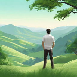 A realistic illustration of a man standing in a serene natural background, with features such as lush greenery, hills, and a clear sky.