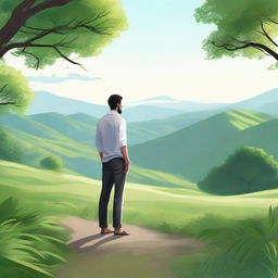 A realistic illustration of a man standing in a serene natural background, with features such as lush greenery, hills, and a clear sky.