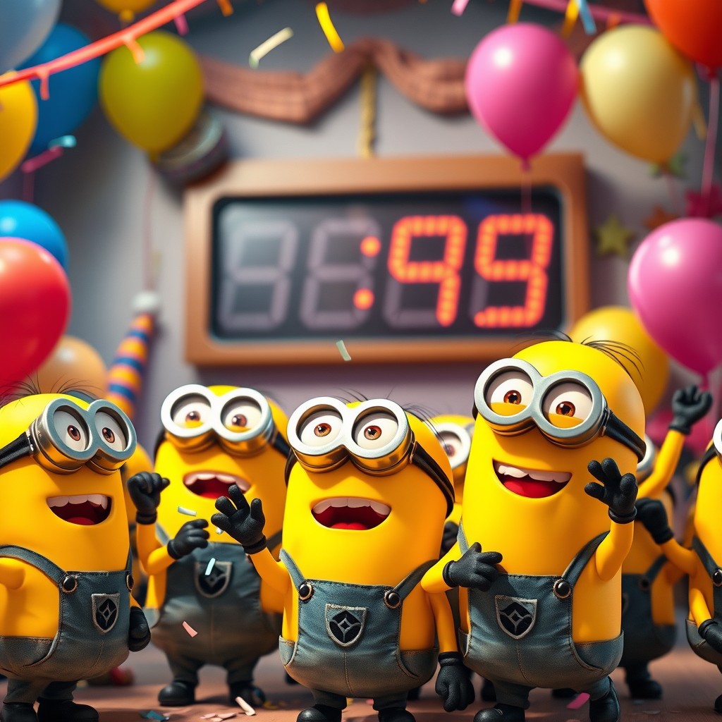 A fun and whimsical scene featuring a group of Minions joyfully counting down together