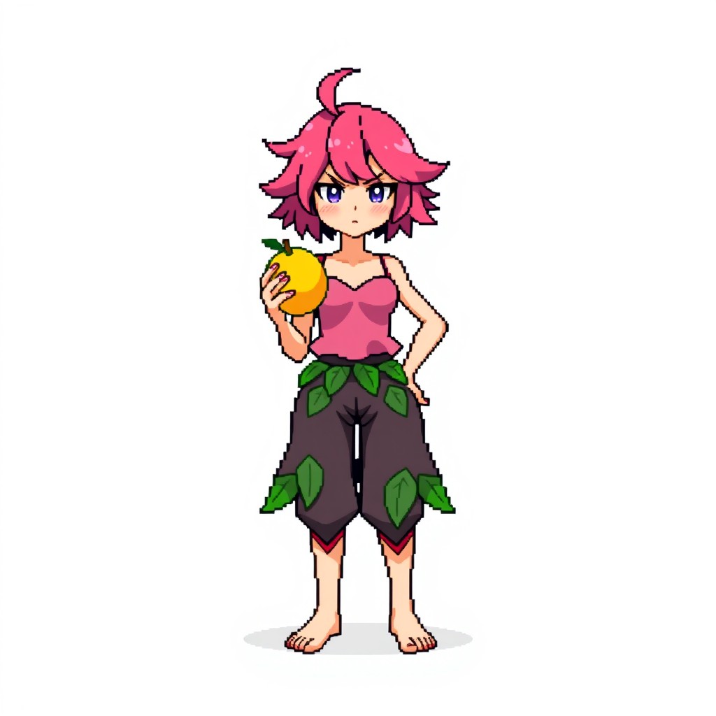 A full body trainer sprite for Pokémon Essentials in 5th generation graphics depicting a spirited woman standing unconfidently while holding a yellow fruit