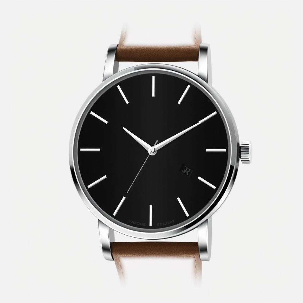 A sleek and modern watch design featuring an elegant round stainless steel case, minimalist black dial with silver accents, and a premium leather strap