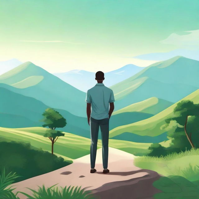 A realistic illustration of a man standing in a serene natural background, with features such as lush greenery, hills, and a clear sky.