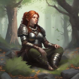 leaves and rocks float all around a female dwarven kineticist that meditates amid nature while wearing her heavy armor