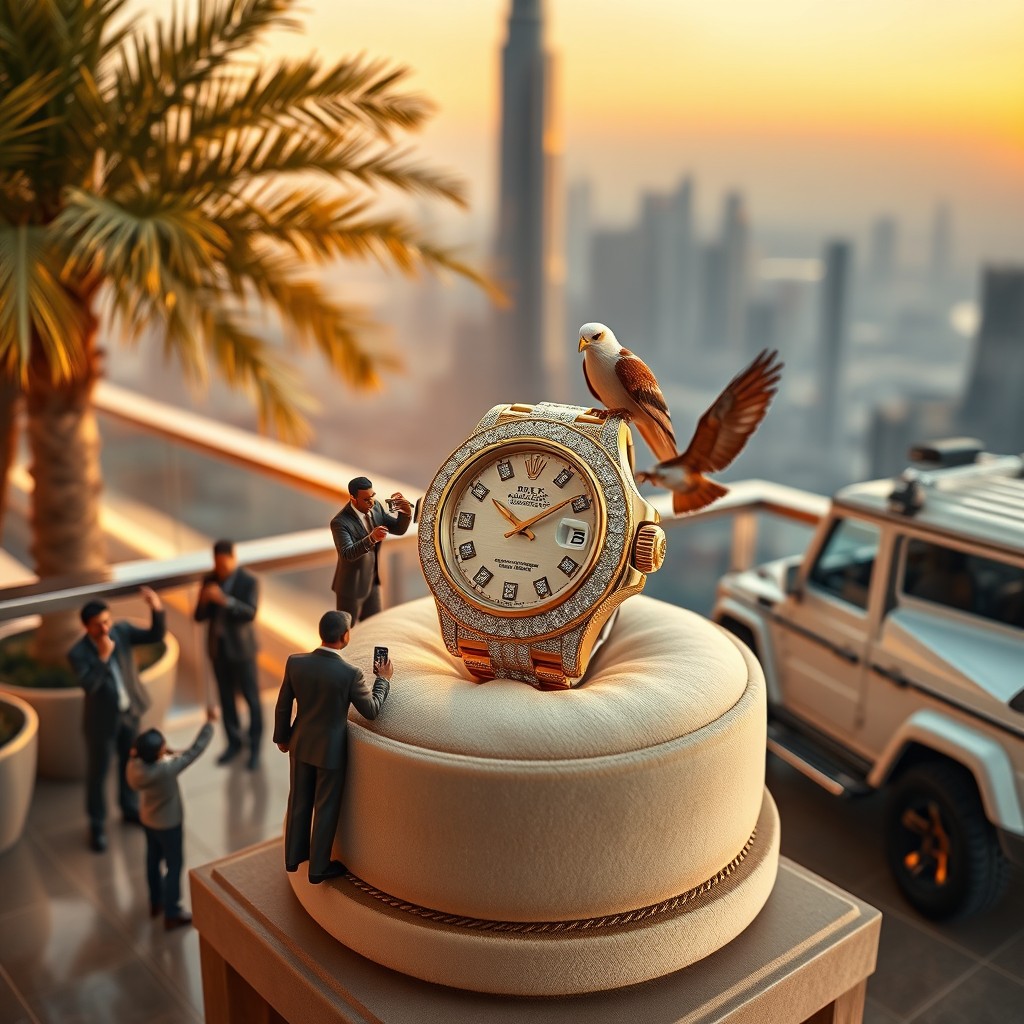 A hyperrealistic 'Tiny Figures' style scene featuring an opulent diamond-encrusted Rolex watch prominently displayed on a plush velvet pedestal atop a lavish rooftop terrace during the enchanting golden hour