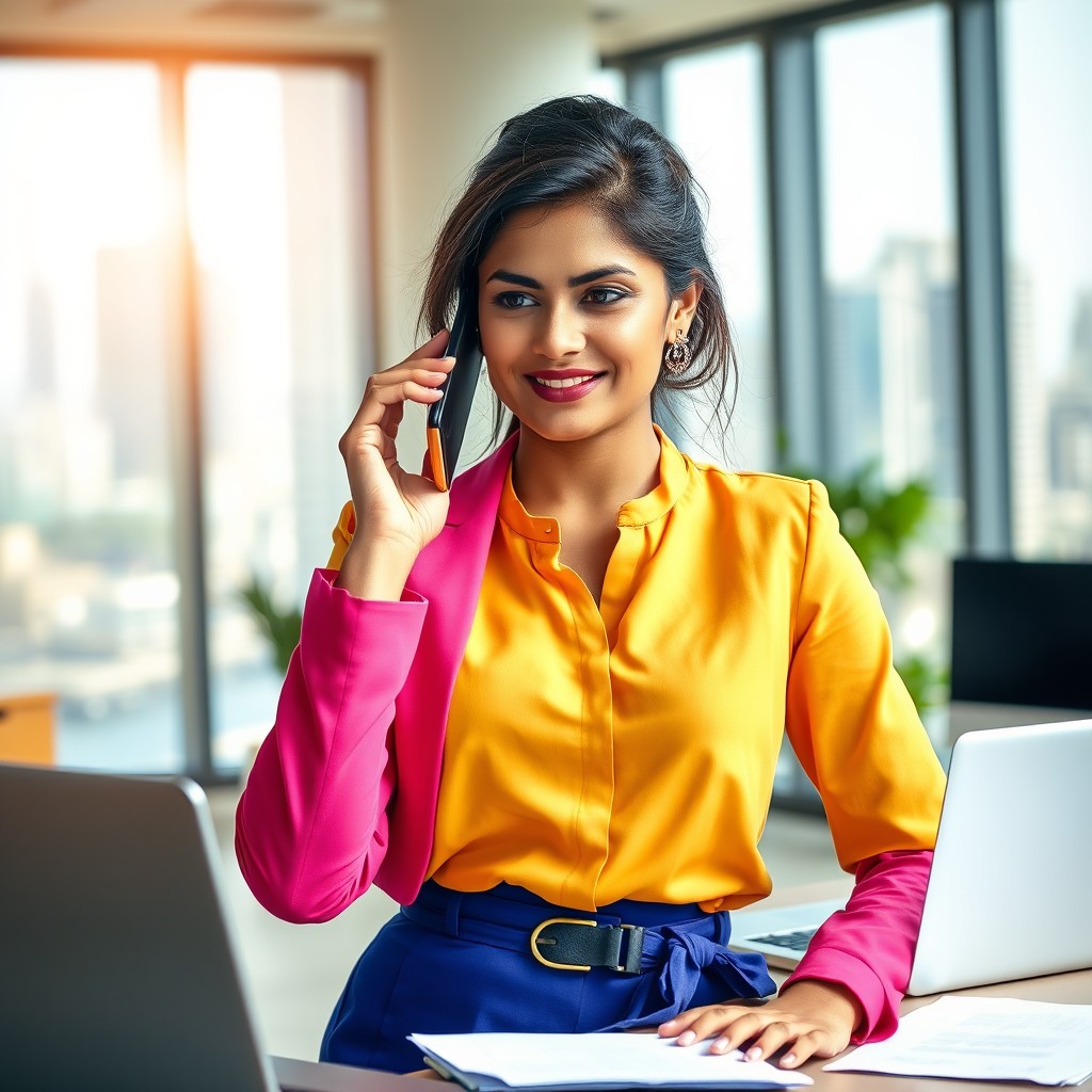 A confident Indian working woman in a modern office setting, wearing a stylish, professional outfit with vibrant colors
