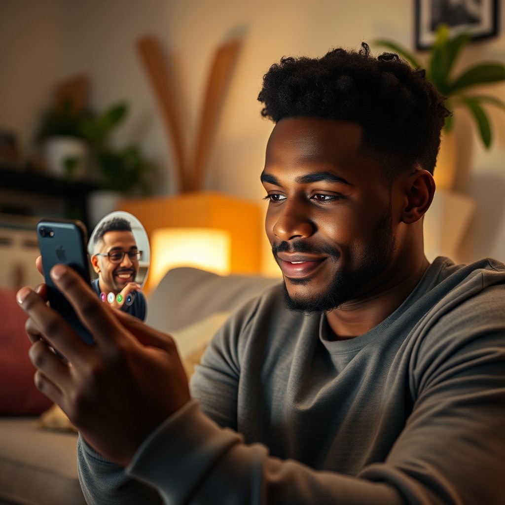 A black man looking at his older brother on a mobile phone during a video call