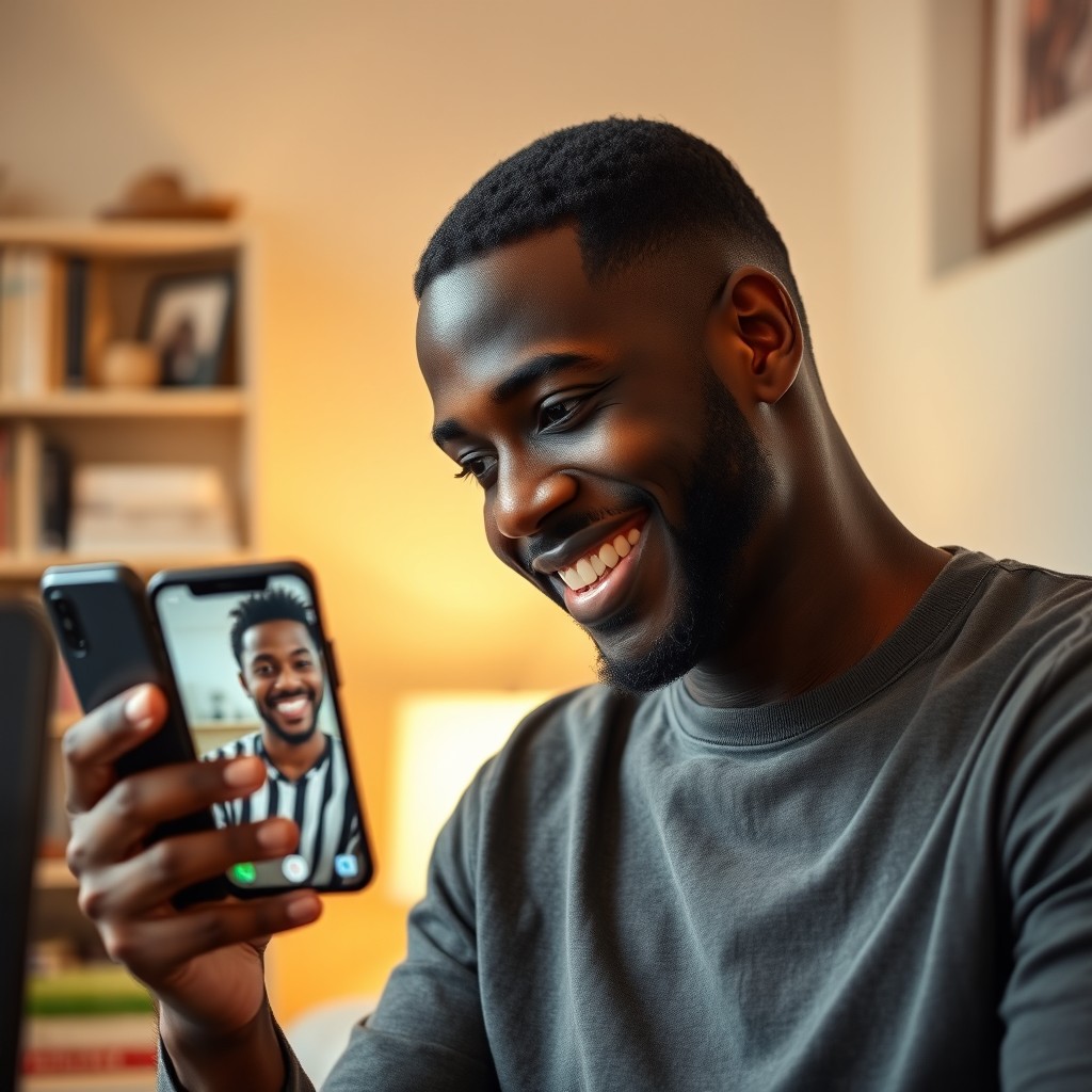 A black man looking at his older brother on a mobile phone during a video call