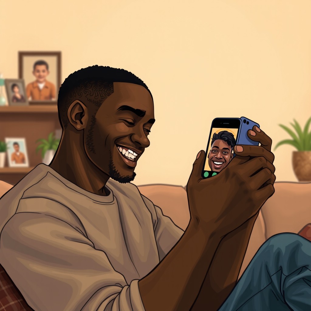 A black man intently looking at his older brother on his mobile phone during a video call