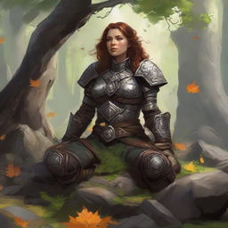 leaves and rocks float all around a female dwarven kineticist that meditates amid nature while wearing her heavy armor