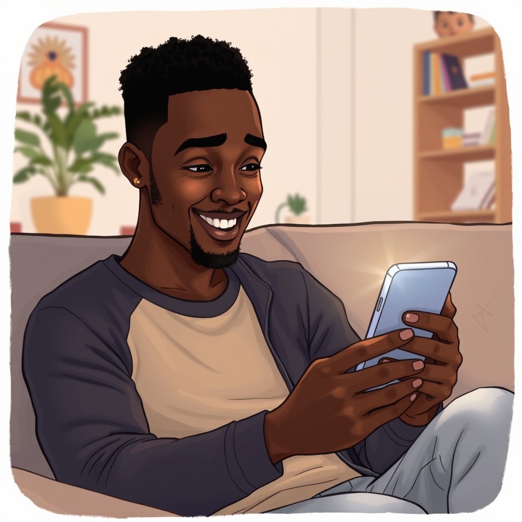 A detailed illustration of a young Black man sitting on a couch, looking intently at his smartphone as he engages in a video call with his older brother