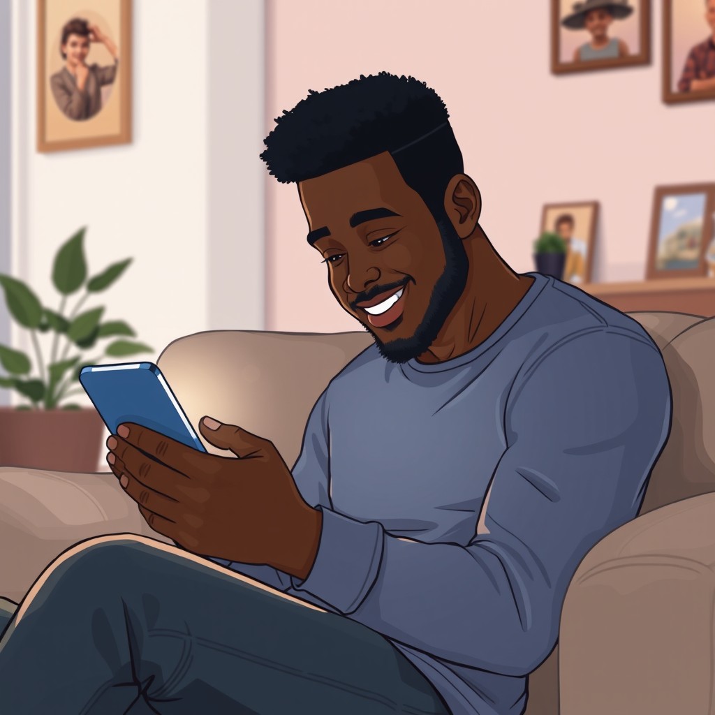 A detailed illustration of a young Black man sitting comfortably, gazing at his smartphone while having a video call with his older brother