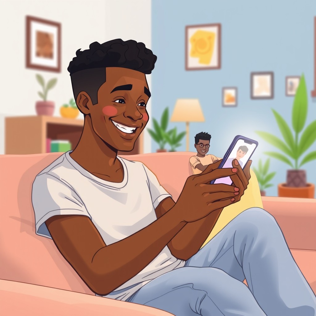 A vibrant illustration of a young Black man sitting on a comfortable sofa, attentively looking at his smartphone while on a video call with his older brother