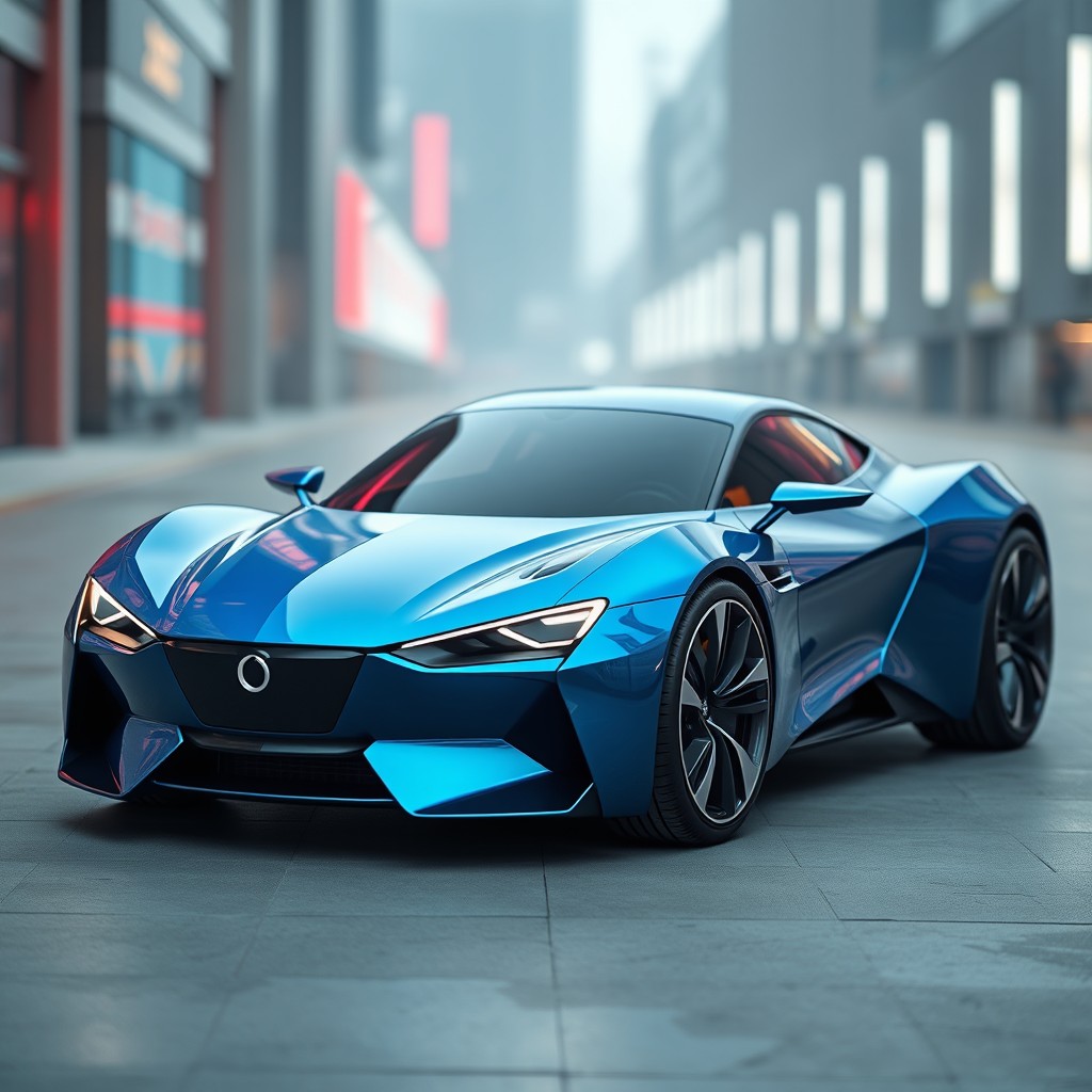 A sleek and modern concept car featuring a unique design with two prominent F-shaped elements integrated as part of the body