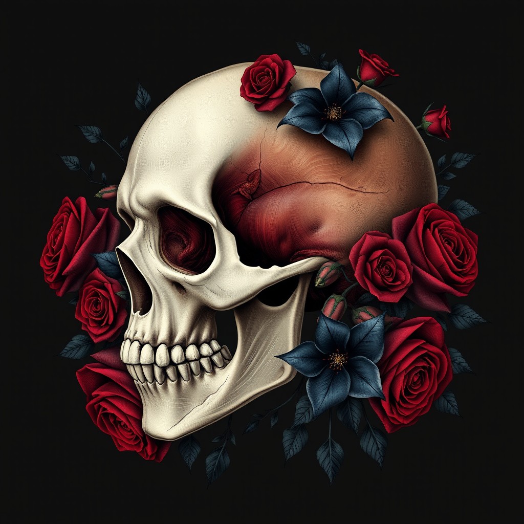 A highly detailed half human skull showcasing anatomical features such as muscles, nerves, and teeth intricately visible on one side