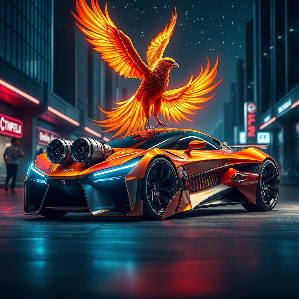 A striking and futuristic car design featuring two powerful FF engines incorporated into its structure