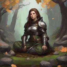 leaves and rocks float all around a female dwarven kineticist that meditates amid nature while wearing her heavy armor