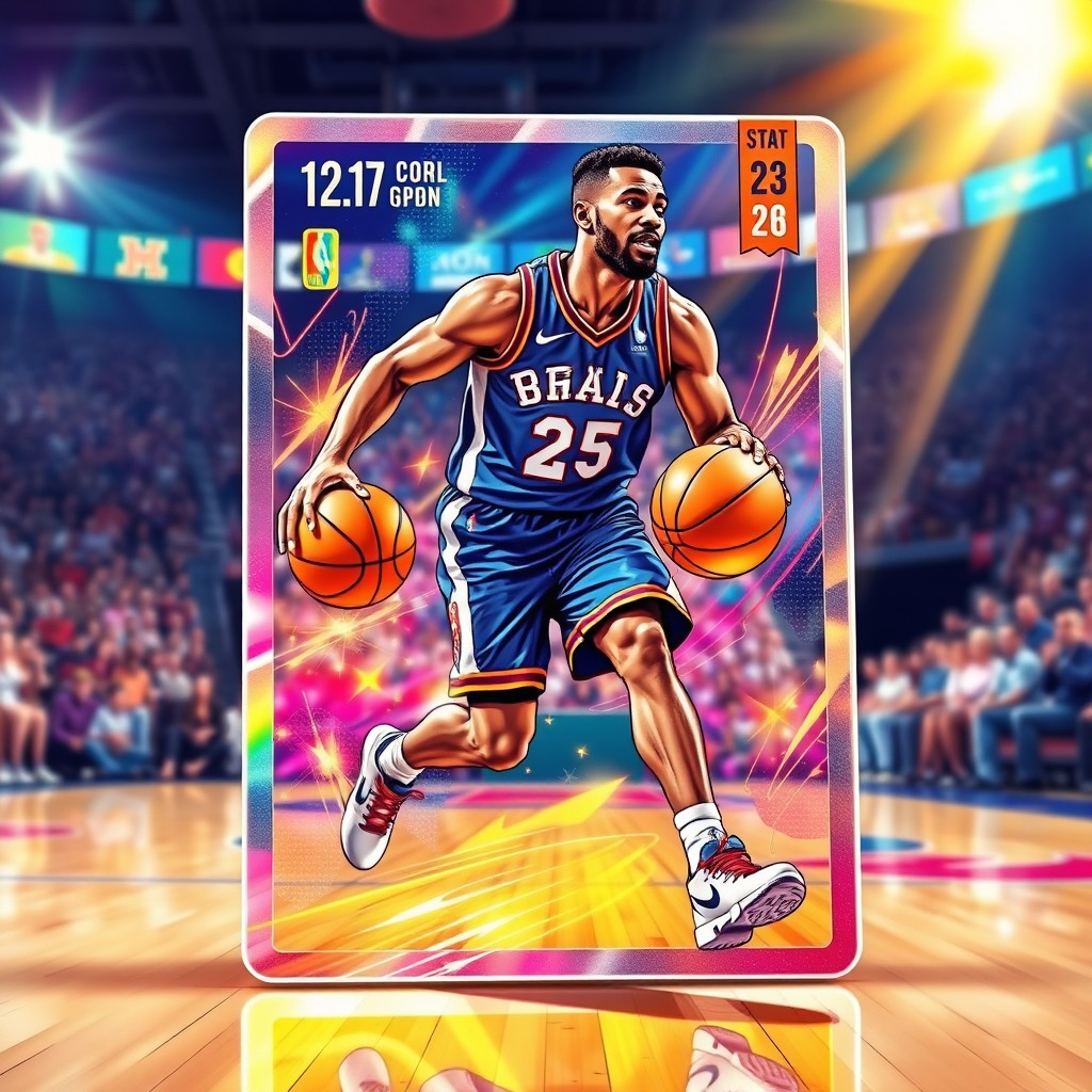 A vibrant and detailed illustration of a basketball trading card featuring a star player in action