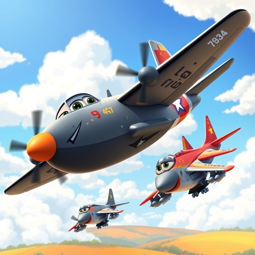 A cartoon-style scene featuring a Navy C-130T plane playfully soaring through a bright blue sky, its design reminiscent of characters from the animated movie 'Cars'