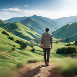 Enhance the previous image to be more photorealistic with meticulous detail, making the man, the greenery, hills, and clear sky incredibly lifelike.