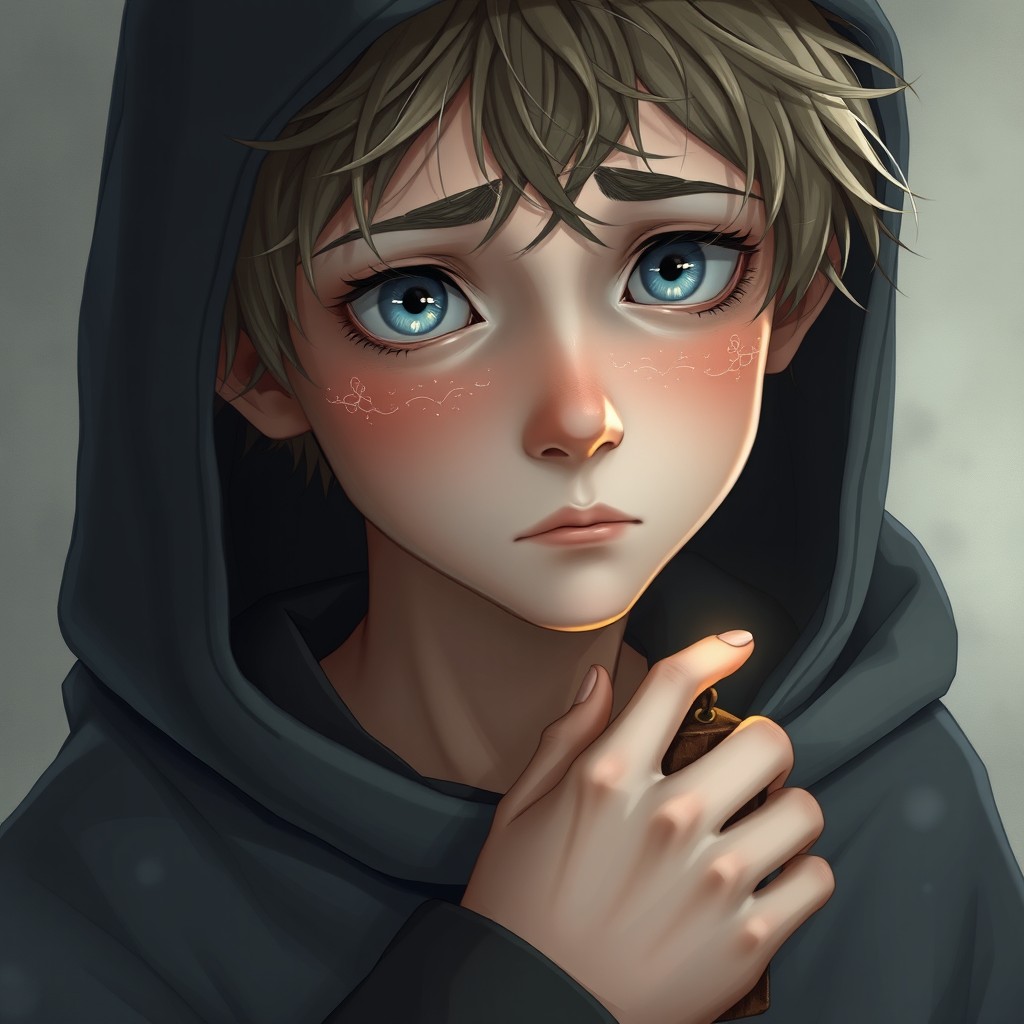 A young teenage boy, around 14 years old, with delicate features and a painfully thin physique, yet still showing remnants of youthful softness in his cheeks