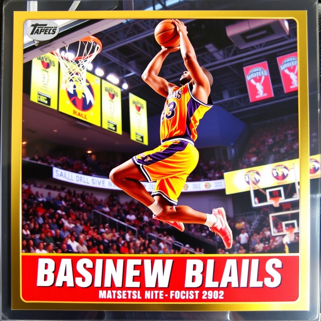 A vibrant and dynamic basketball trading card featuring a high-resolution action shot of a professional basketball player in a dramatic moment during a game